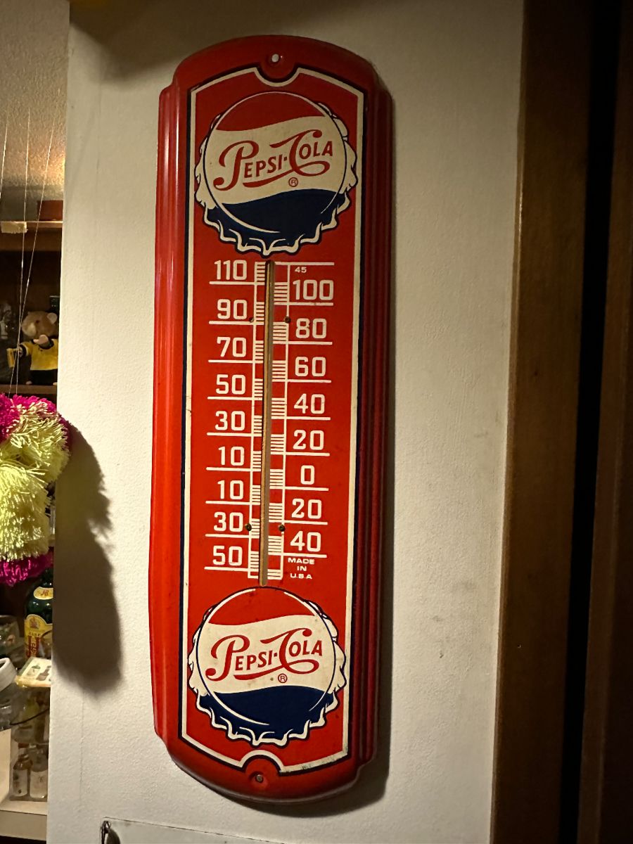 Vintage Pepsi-Cola tin thermometer