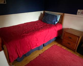 Twin bed frame, mattress set and nightstand