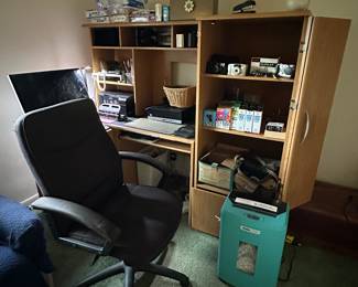 Desk, desk chair and office supplies