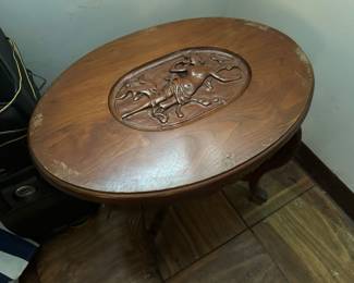 Wood carved occasional table with glass tray top......