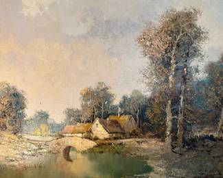 Original Oil on Canvas by WILLI BAUER German Impressionist Untitled Scenic Landscape Cottage on River