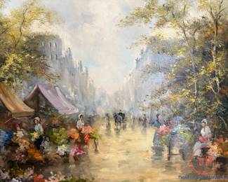 Original Oil on Canvas Flower Market Scene by ZORAN JELASCEK