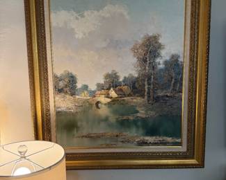 Original Oil on Canvas by WILLI BAUER German Impressionist Untitled Scenic Landscape Cottage on River