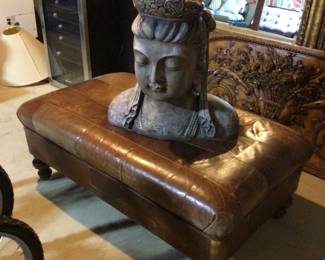 Brown leather ottoman 28”x46”x17” H, large Buddha bust 