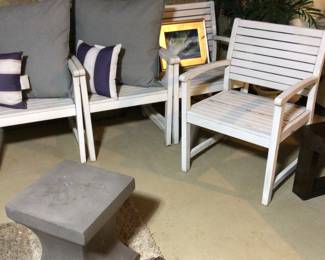 4 white patio chairs, ceramic plant or statue stand 