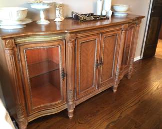 Bernhardt server, glass shelves n lights, 1 flatware drawer 70”x20”x37” H