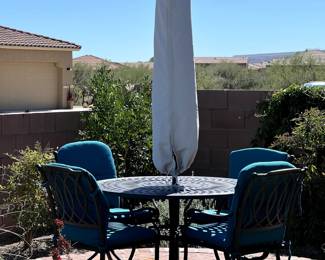 Newer Hanamint 48" Round Patio Table, 2-Swivel & 2-Dining Chairs, Sunbrella Cushions.  9' Tilt Market Umbrella w/Base and Cover. (Retail $3,500+)