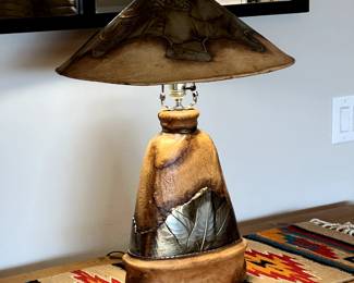 Rustic Style Studio Crafted Sculptural Lamp with Leather Shade