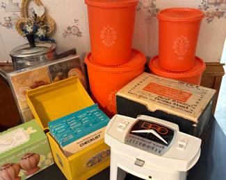 The first food processing appliance the Vegomatic with original box. Set of Vintage Orange canister set, vintage tin recipe boxes filled with recipes 