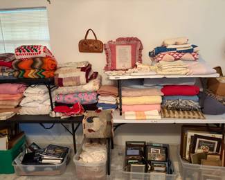 Linens, blankets, hand stitched quilts & frames 
