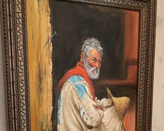 Unsigned painting on burlap or rough woven canvas.