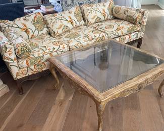 Mid-century modern wood frame sofa with crewel fabric and glass top square coffee table. Must see to appreciate!!