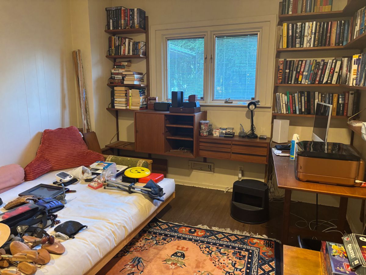 Mid century wall unit, books, canon printer, futon bed, and assorted stuff