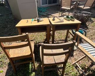 Student desk with wooden chairs
