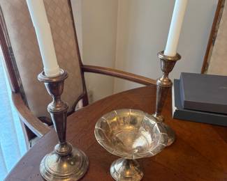 Silver candle holders and dish
