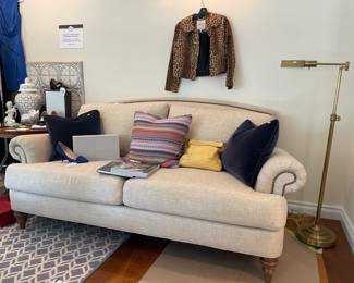 Decorative Pillows, Floor Lamp, Clothing, Ethan Allen Hyde Couch (B), Jimmy Choo Romy 85 Pumps