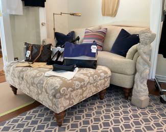 Ethan Allen Upholstered Ottoman, Louis Vuitton Shoulder Bag, Manolo Blahnik Stiletto Pumps, Celine All Soft Pouch, Ethan Allen Hyde Couch (A)
