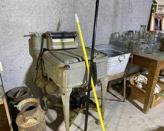 Maytag wringer washer w/ rinse tub and stand. Milk cans. Blue/green mason jars