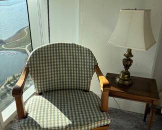 Vintage Upholstered side armchair
Vintage wood side table
Vi rage Brass Lamp