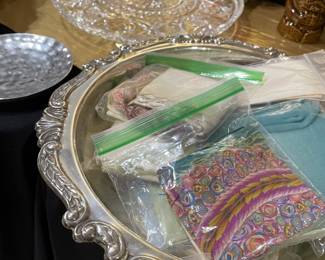  Silver Plated Serving Bowls, Handkerchiefs, Hair Cloth Bonnets, Crystal Footed Cake Plate