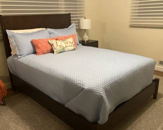 4 piece mid-century modern full size bedroom set. Includes bed frame, Sealy Posturepedic mattress, night stand and dresser. New, bed used less than 45 nights. Excellent condition. $1000