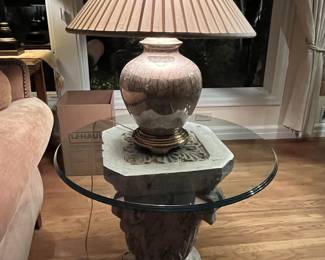 Urn lamp with silk shade, $75

Ethan Allen pedestal table, glass top $50