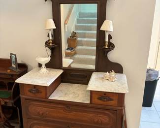 Eastlake drop well dresser with marble tops