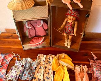 Antique Doll in her “Wardrobe” with Original Clothes, Mirror and Brush
