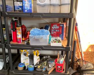 PLASTIC SHELVING UNIT - ASSORTED CLEANING SUPPLIES