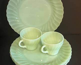 JADEITE PLATES AND COFFEE CUPS