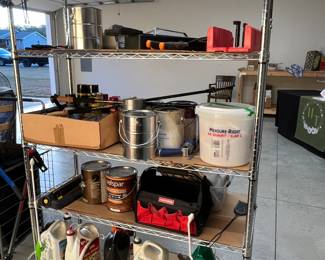 METAL SHELVING UNIT - ASSORTED TOOLS AND PAINT SUPPLIES