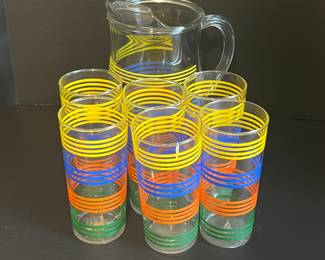 FIESTA STRIPE PITCHER AND GLASSES SET BY ANCHOR HOCKING