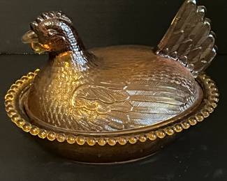 INDIANA GLASS AMBER HEN ON NEST