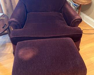 MAROON UPHOLSTERED CHAIR AND OTTOMON