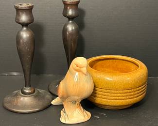 ROYAL COPLEY BIRD AND WOODEN CANDLESTICKS