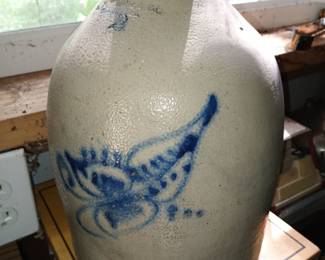 Signed Pottery Jug Blue Decorated