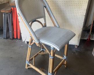 Two Bowery Hill Two-Tone Navy and White Weaving and Natural Rattan Bar Stools