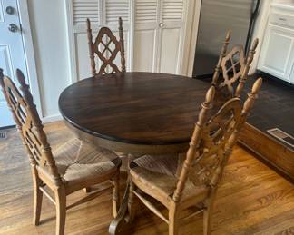 4 Thomsville French Country Farmhouse dining chairs with Rush seat,  round antique table 
