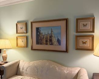 Hickory Chair camel back sofa upholstered in a neutral silk ***BUTTERFLIES SOLD***