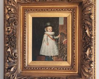 Old Oil Painting on Board of Portrait of a Young Boy with a Golf Club and Ball Signed Lester