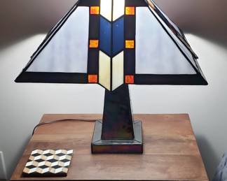 Stained Glass Table Lamp. Hand made. Does have a few stress cracks but beautiful and works just fine.