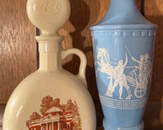 Vintage Decanters, Grecian Blue Milk Glass, Old Fitzgerald Thomas Jefferson Monticello
