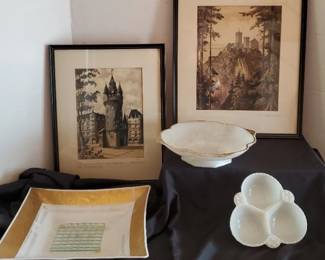 Signed Castle Prints Milk Glass Decor