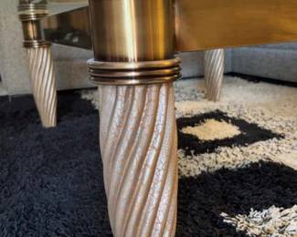 Brass and Wood Glass Top Coffee Table, Geometric Shag Rug 