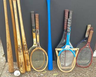 4 Vintage Louisville Slugger Bats And Variety Of Vintage Tennis Rackets Rawlings, Wilson, And More