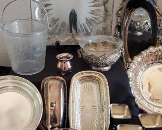Etched Glass Bucket, Glass Decor Tray, Silverplated Serving