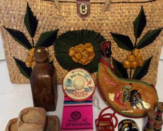 Straw Beach Bag, LeatherWrapped Embossed Decanter, Leather Bota Bag Handpainted , Mexican Decor