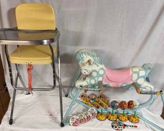 Vintage Highchair, Rocking Horse and Noise Maker Toys