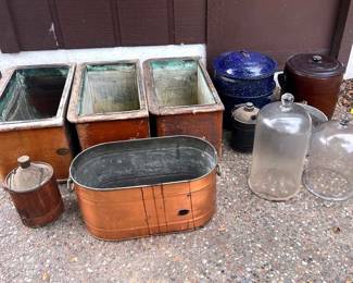 Vintage Stockpot, Ceramic Pot, 2 Glass Apothecaries, 3 Vintage Galvanized Water Tanks, And More
