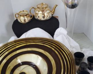 Hand Blown Glass Bowl England British Tea, 5 Sake Glasses 